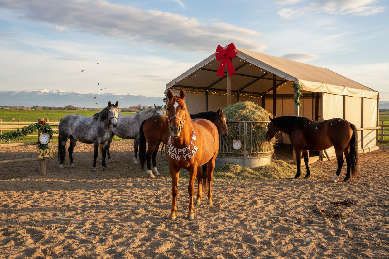 Ein Pferd steht glücklich mit anderen Pferden mit einem Weidezelt, Heuraufe auf einem Sandpaddock und wünscht ein frohes Neues Jahr